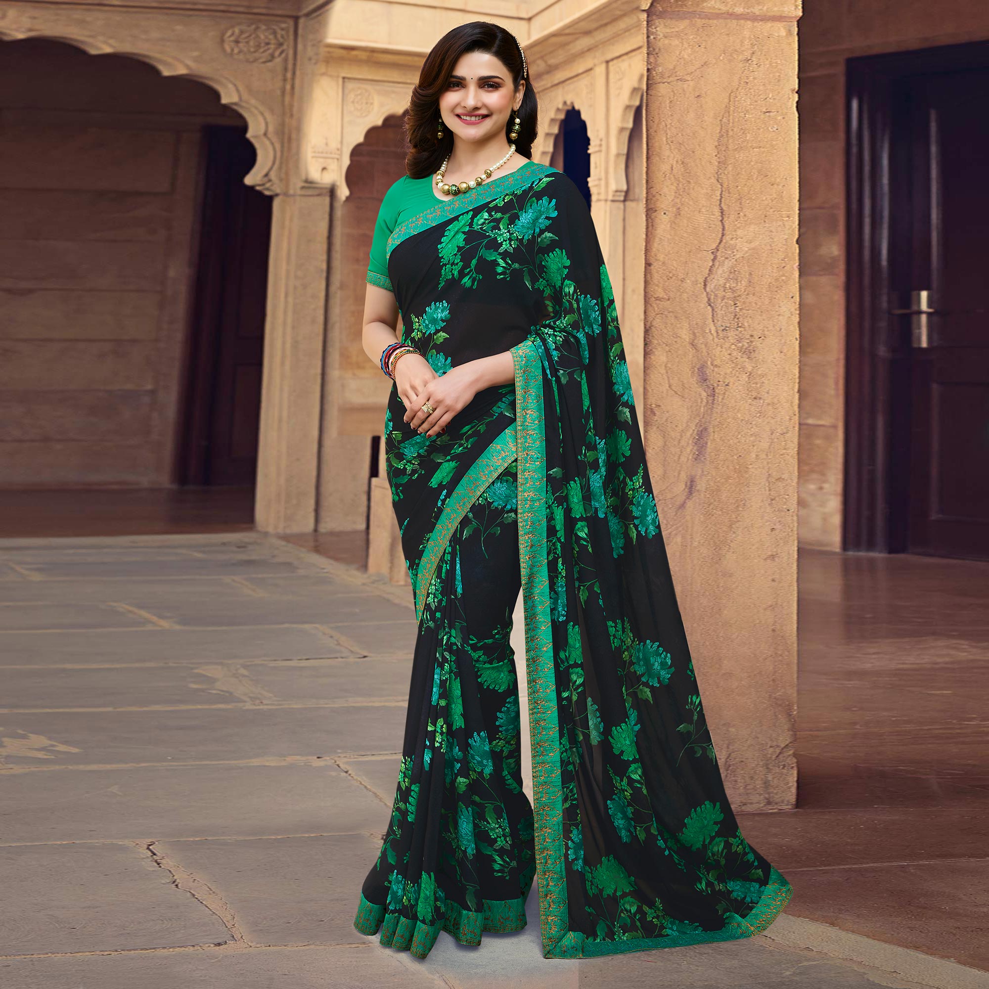 Black Floral Printed Georgette Saree