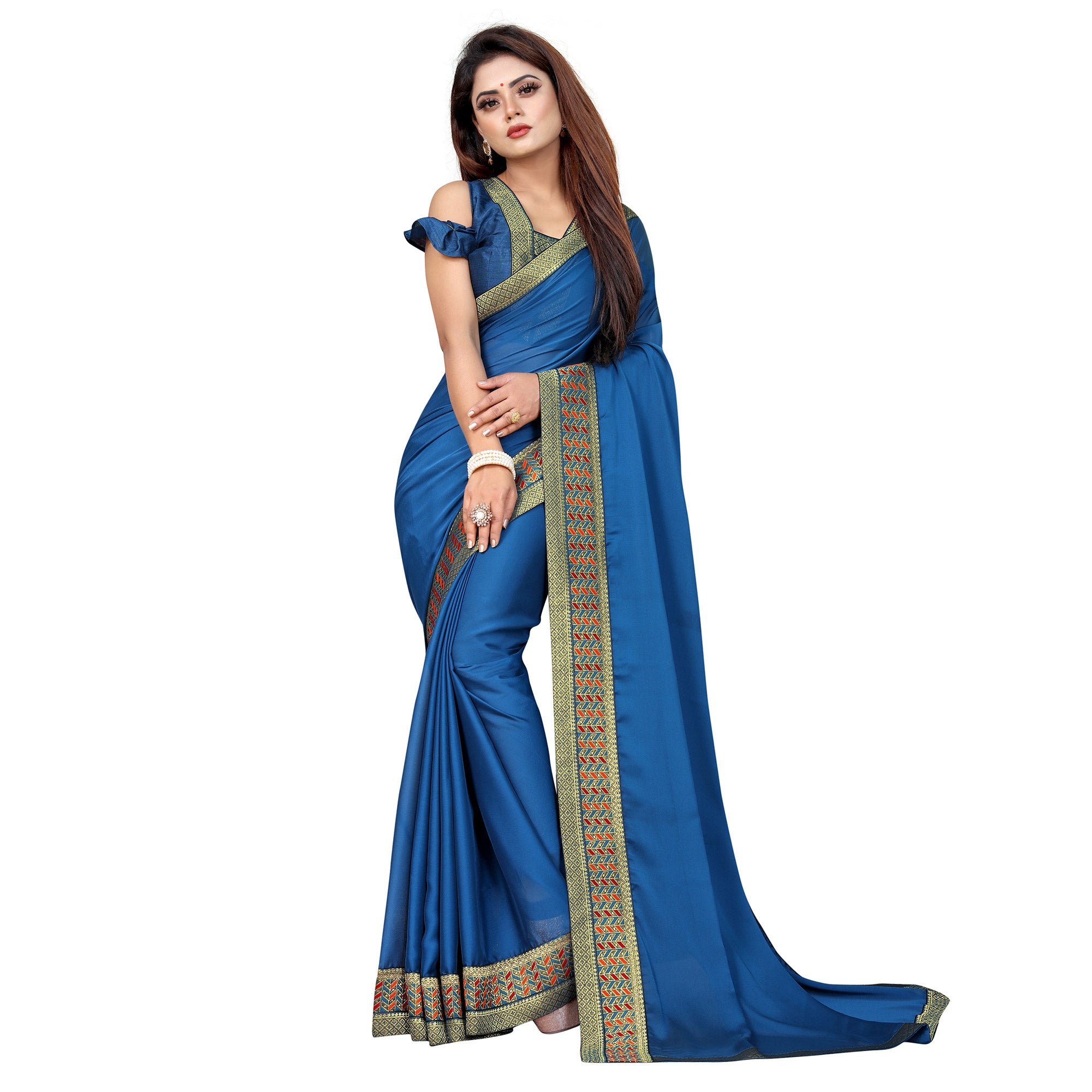 Blue Solid With Woven Border Vichitra Silk Saree