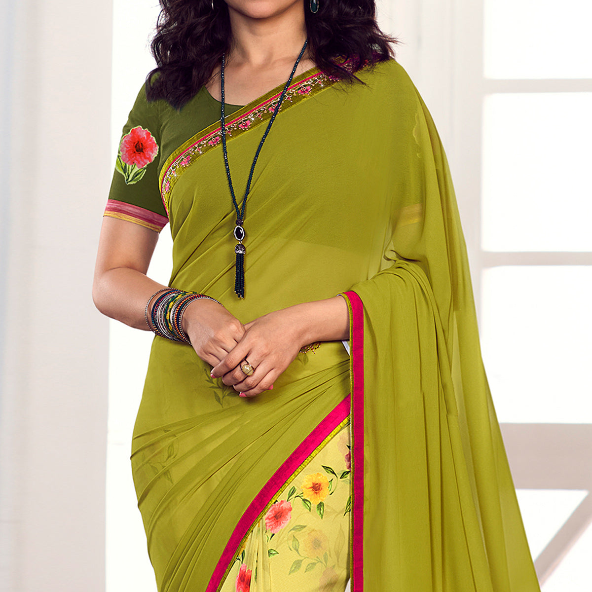 Olive Green Floral Printed Georgette Saree