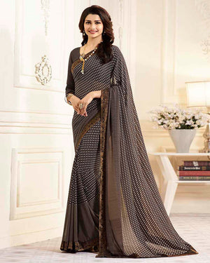 Brown Printed Georgette Saree With Lace Border