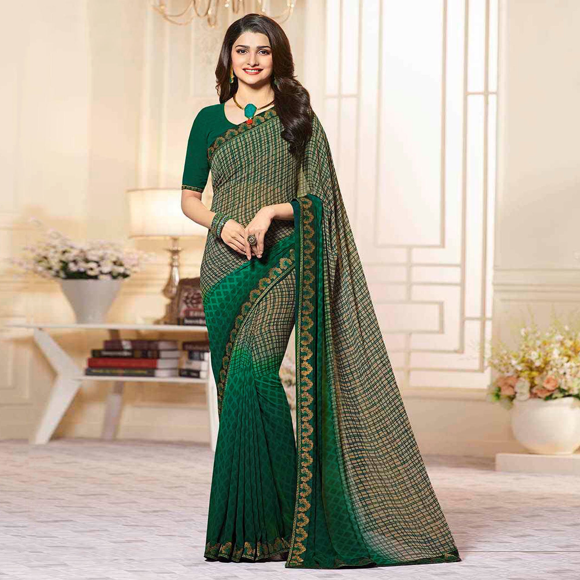 Green Printed Georgette Saree With Lace Border