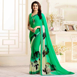 Green Printed Georgette Saree With Lace Border