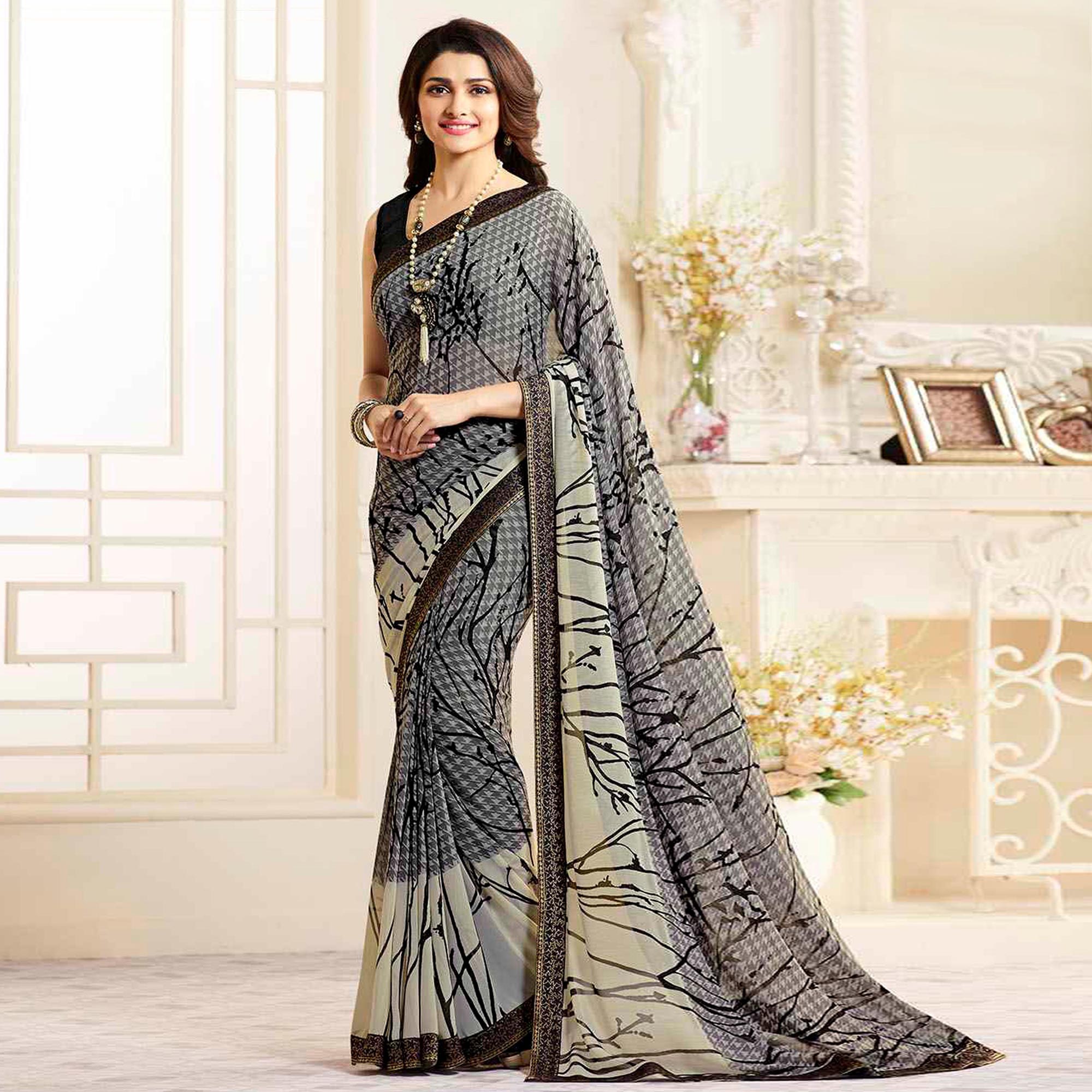 Grey Printed Georgette Saree With Lace Border