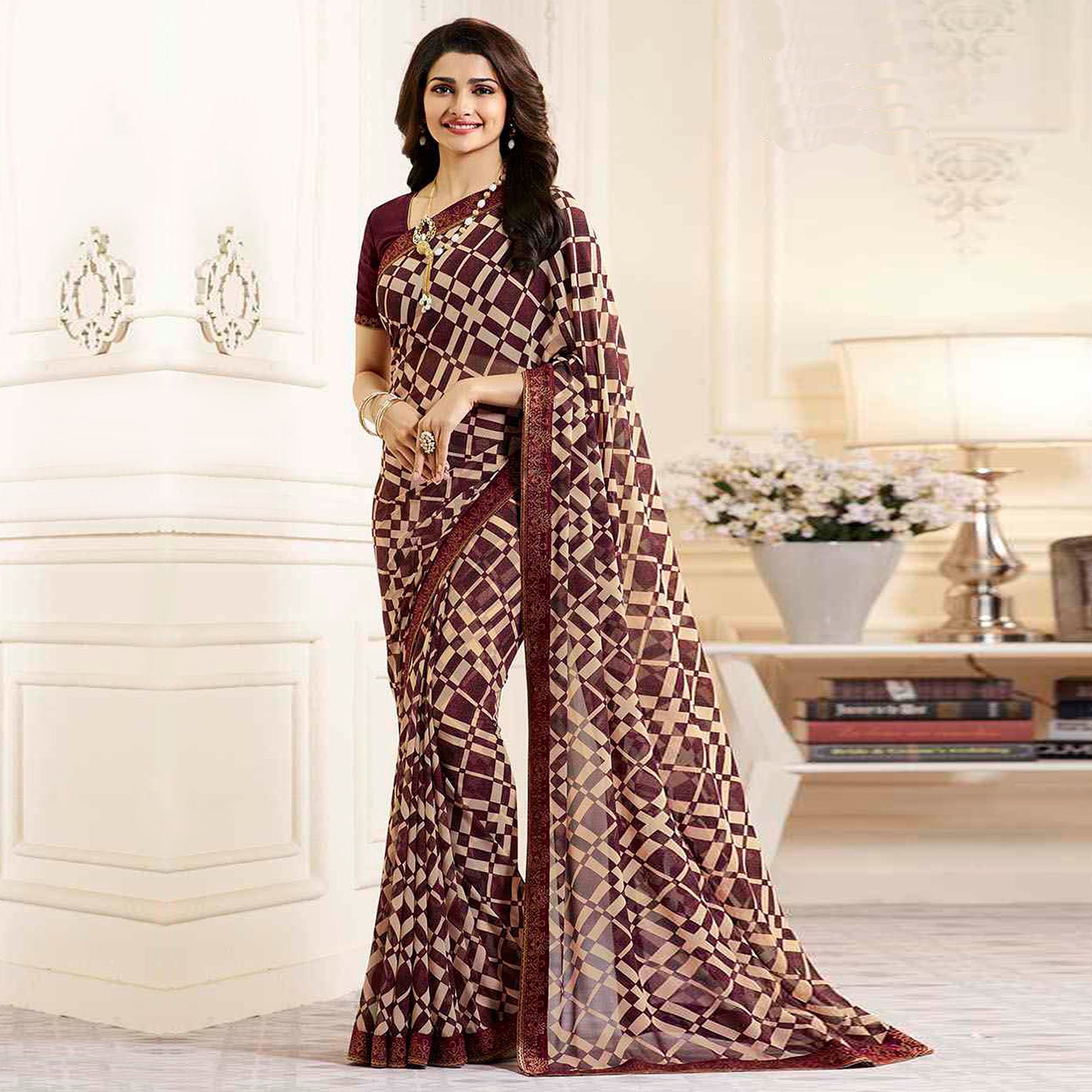 Maroon Printed Georgette Saree With Lace Border