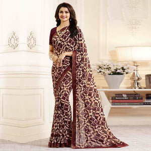 Maroon Printed Georgette Saree With Lace Border