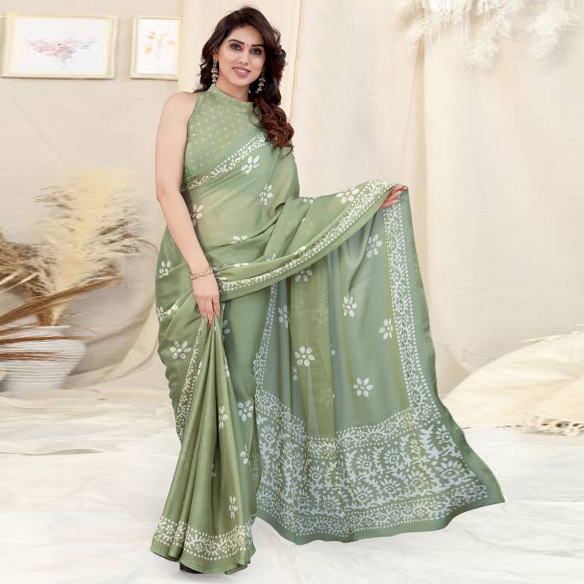 Green Floral Printed Chiffon Saree