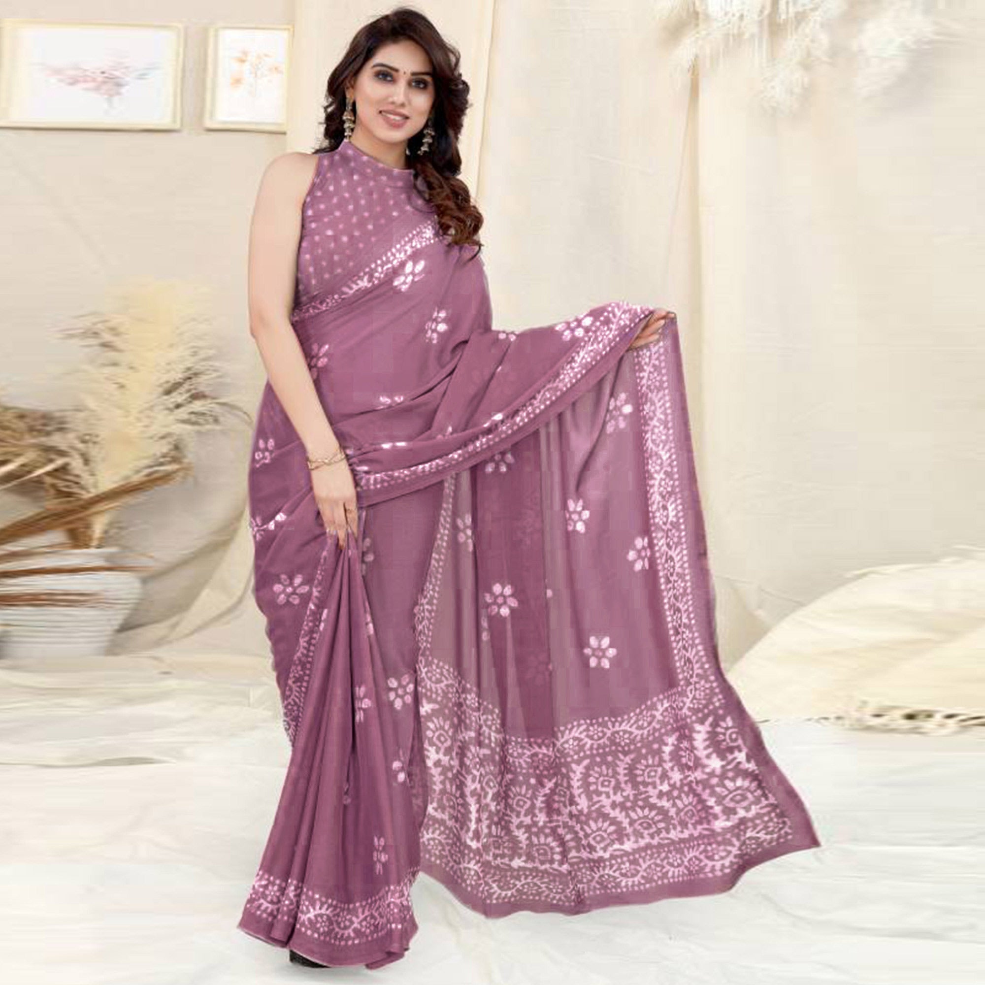 Mauve Floral Printed Chiffon Saree