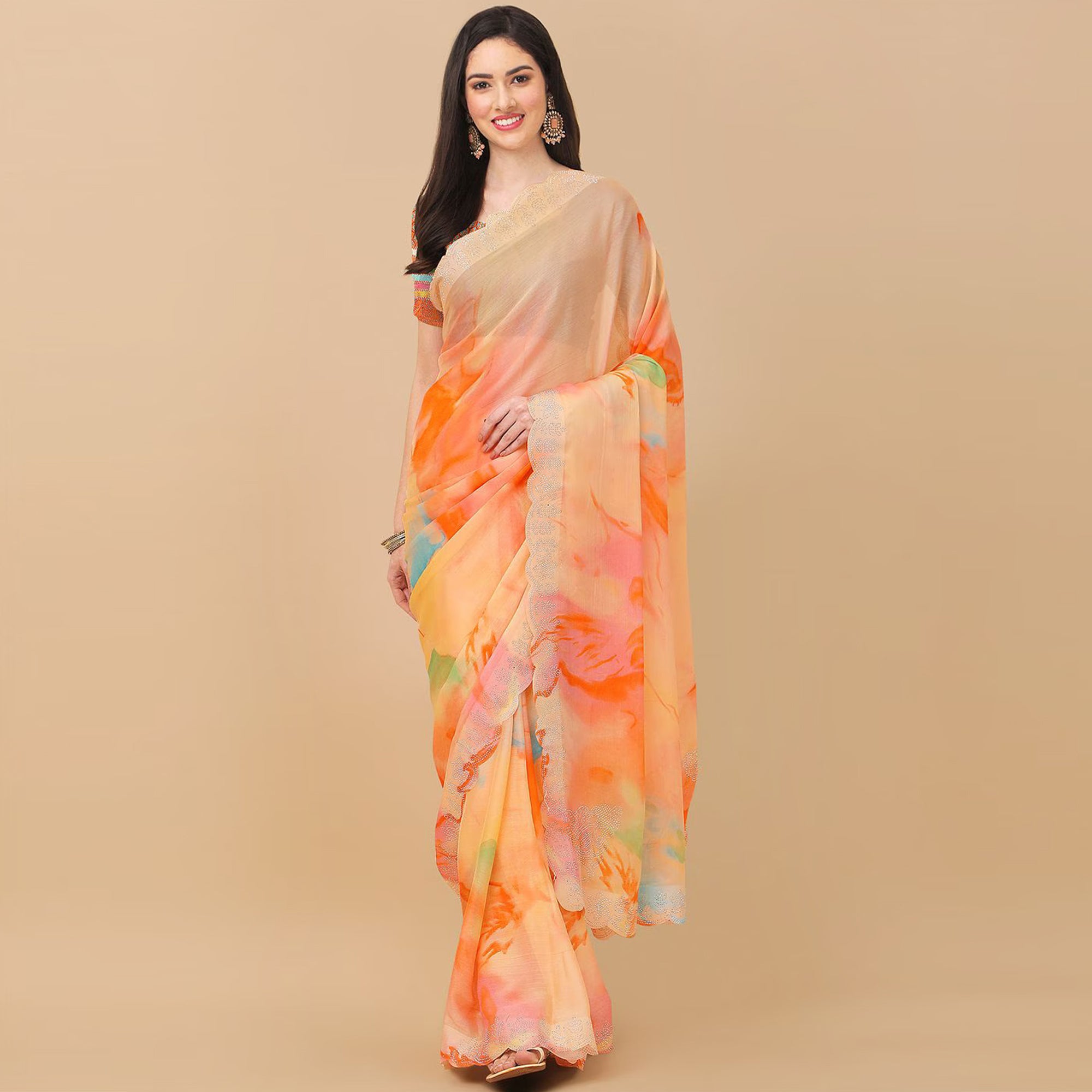 Orange Printed With Swarovski Work Chiffon Saree