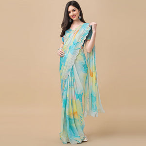 Sky Blue Printed With Swarovski Work Chiffon Saree