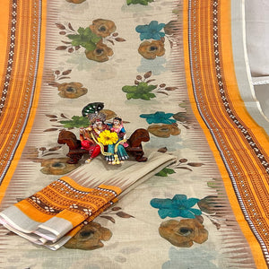 Beige Floral Digital Printed Linen Saree