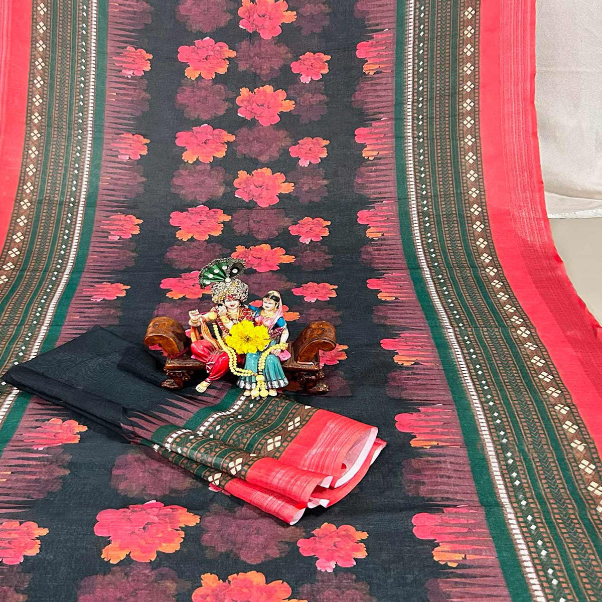 Black Floral Digital Printed Linen Saree