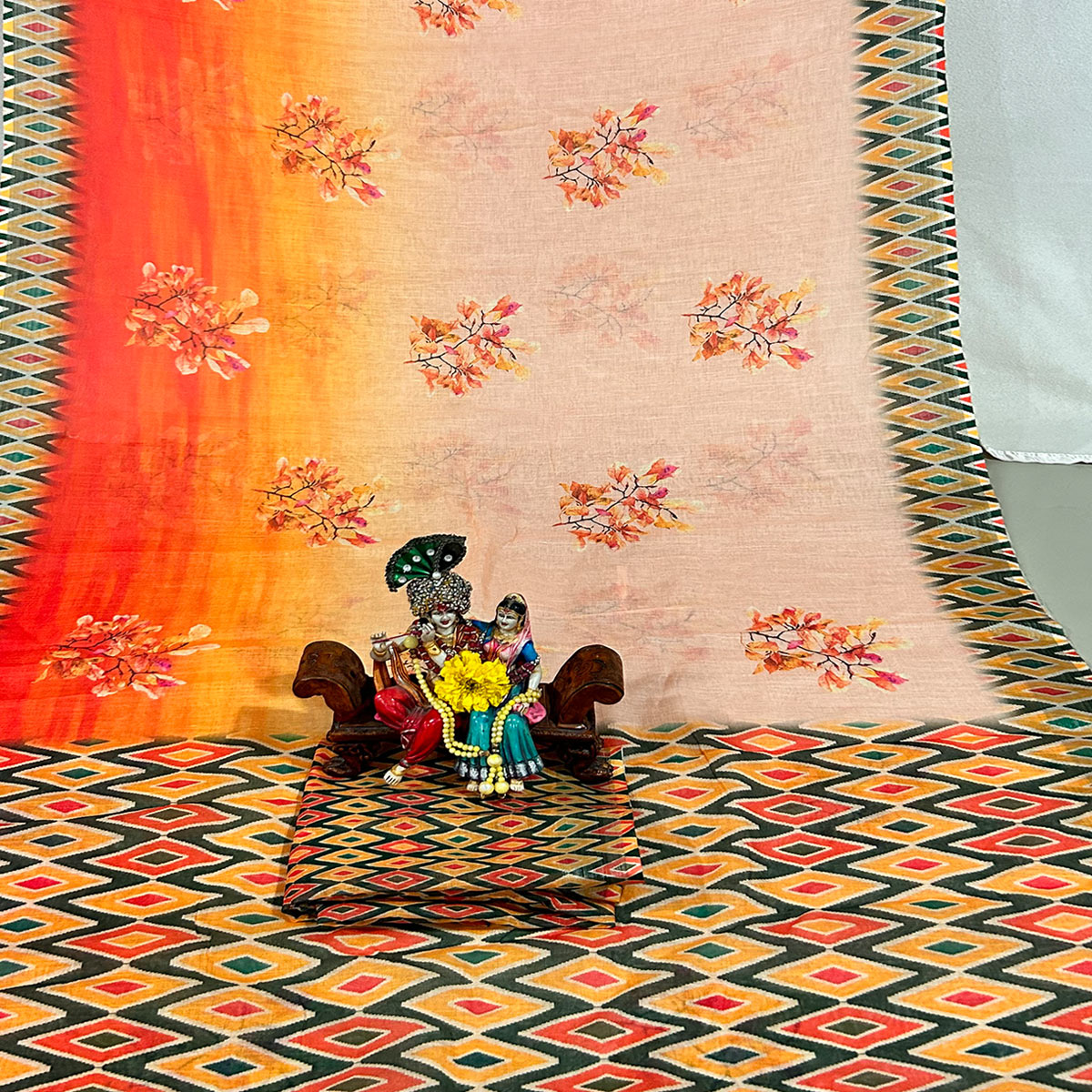 Peach Floral Digital Printed Linen Saree