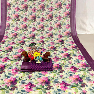 Wine Floral Digital Printed Linen Saree