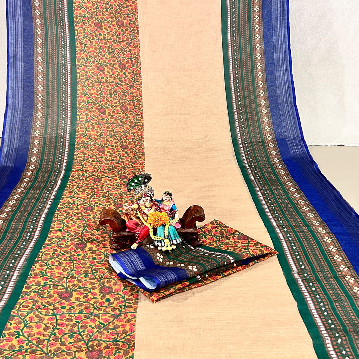 Beige Floral Digital Printed Linen Saree