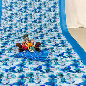Blue Floral Digital Printed Linen Saree