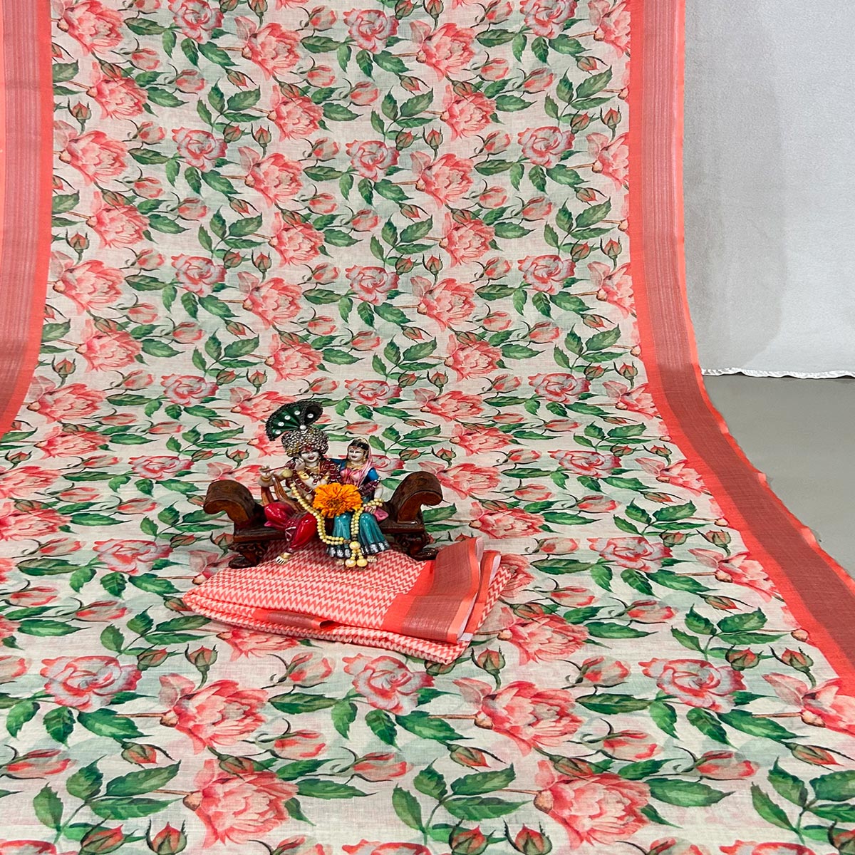 Peach Floral Digital Printed Linen Saree