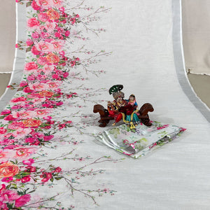 White Floral Digital Printed Linen Saree