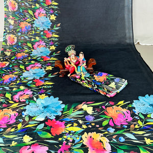 Black Floral Digital Printed Linen Saree