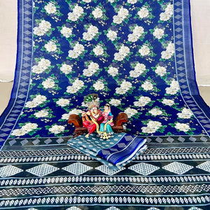 Blue Floral Digital Printed Linen Saree