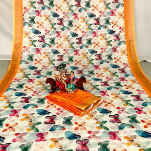 Offwhite Floral Digital Printed Linen Saree