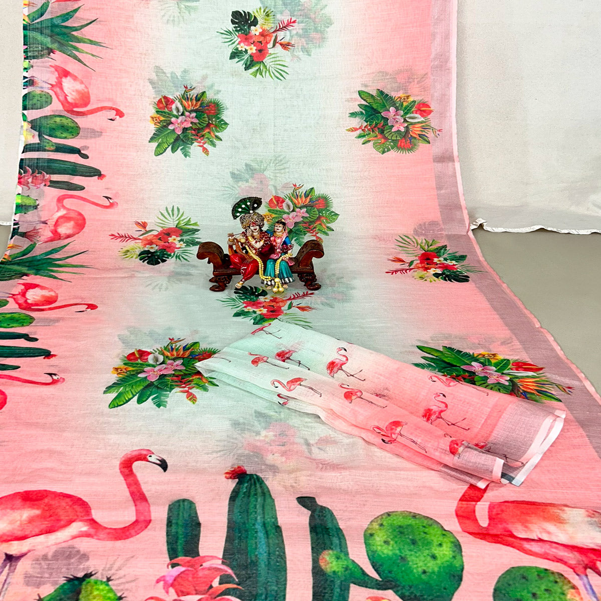 Peach Floral Digital Printed Linen Saree