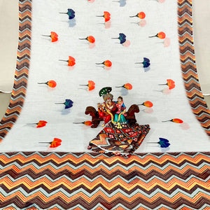 White Floral Digital Printed Linen Saree