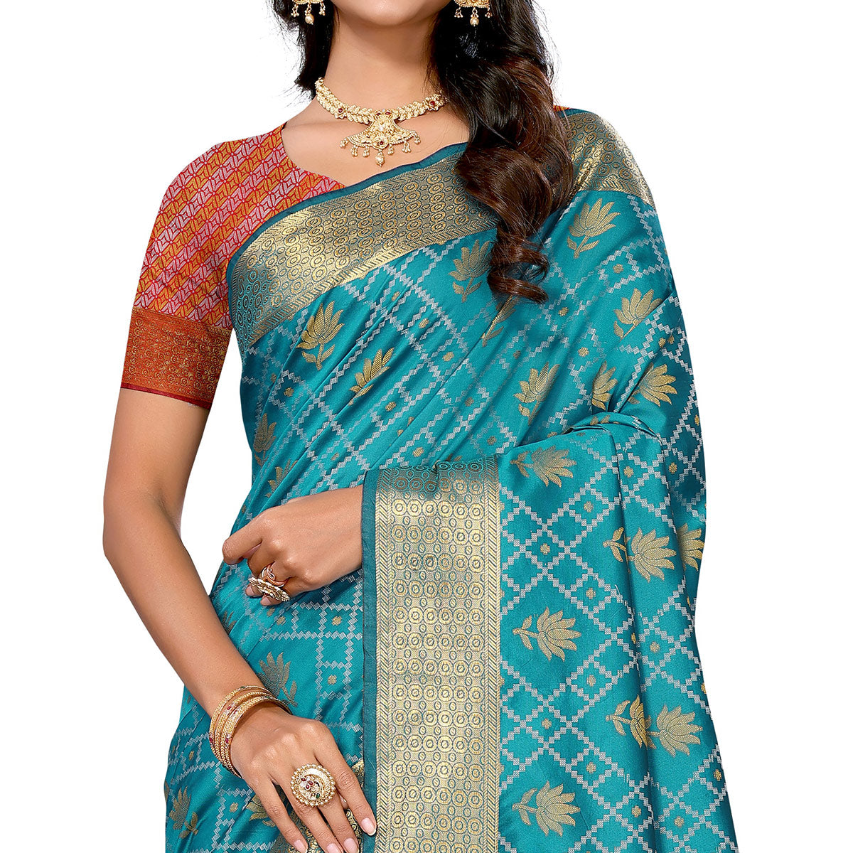 Rama Blue Floral Woven Banarasi Silk Saree