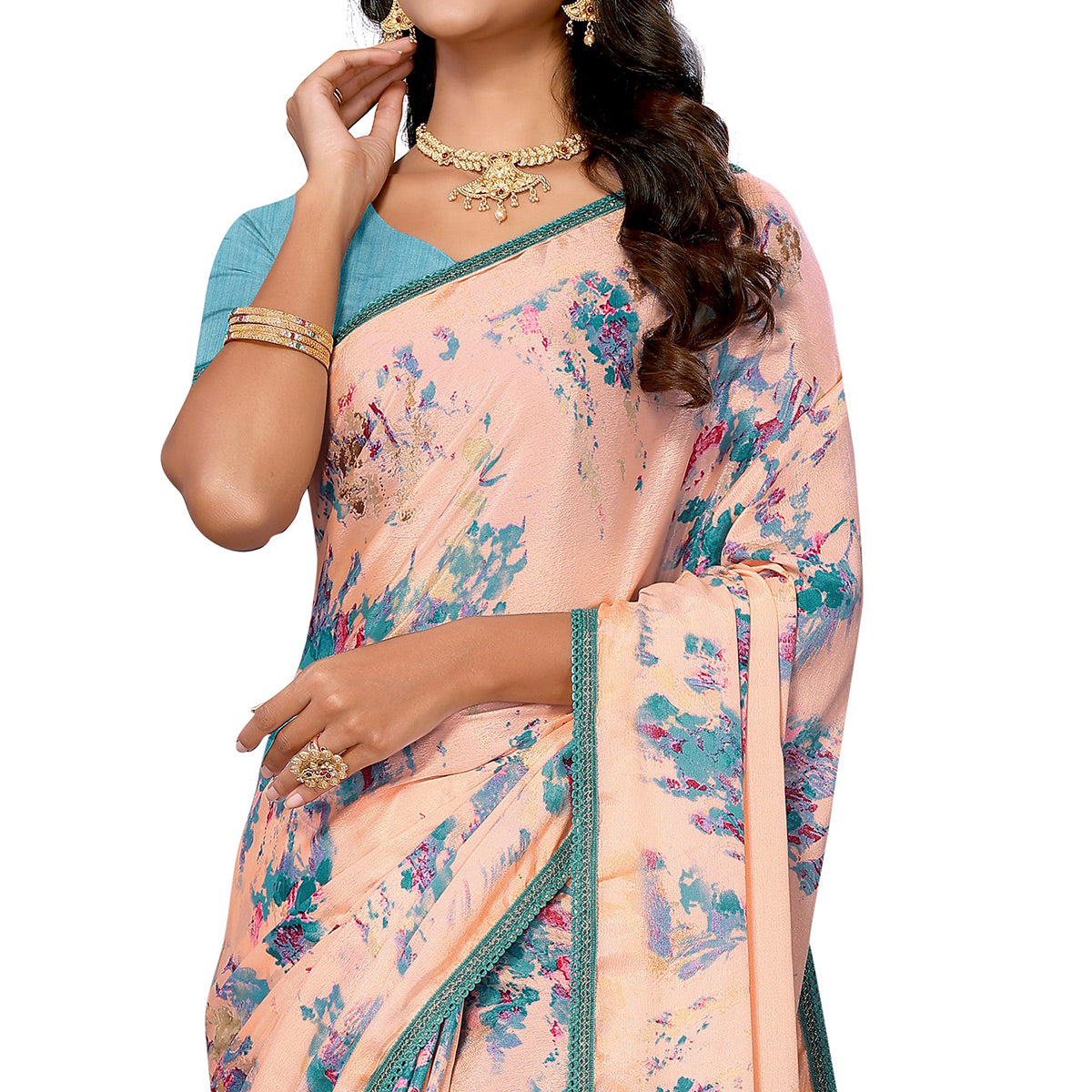 Peach Printed Vichitra Silk Saree