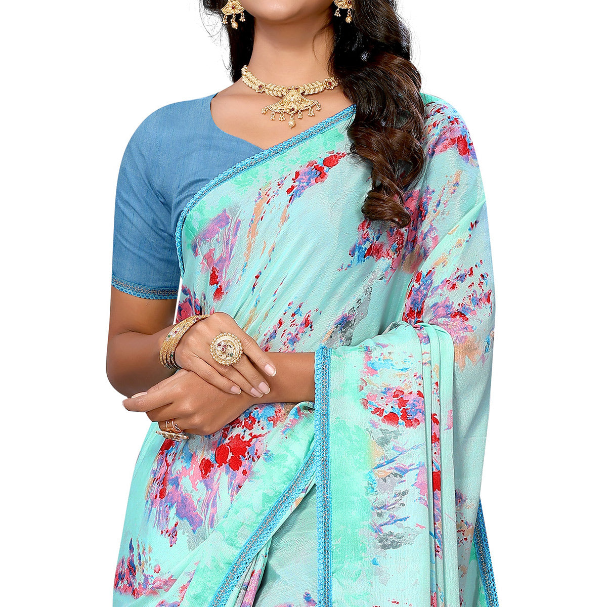 Turquoise Printed Vichitra Silk Saree