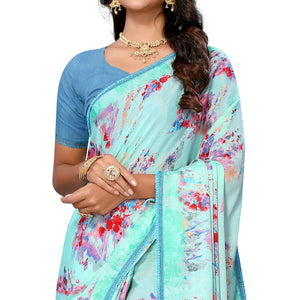 Turquoise Printed Vichitra Silk Saree