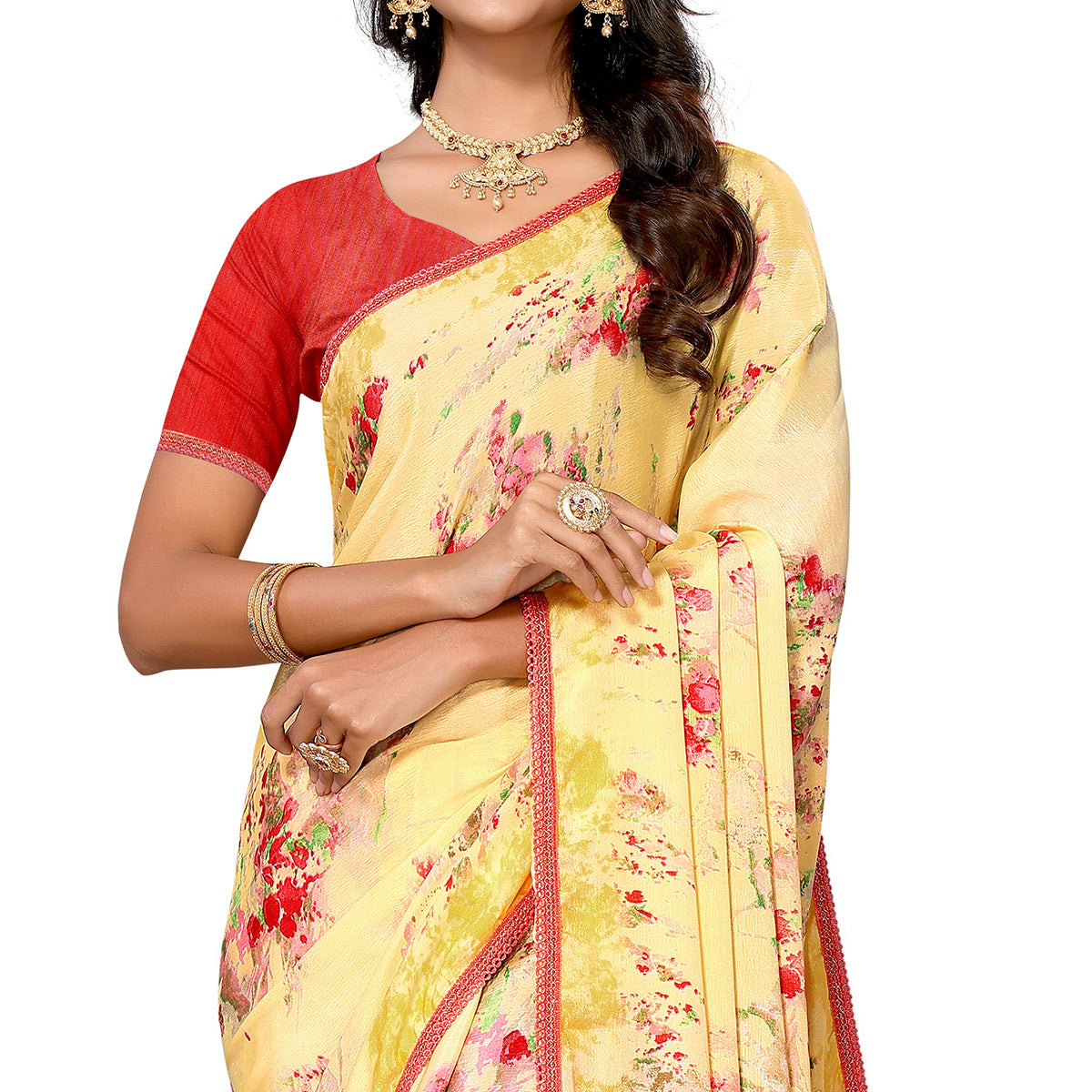 Yellow Printed Vichitra Silk Saree