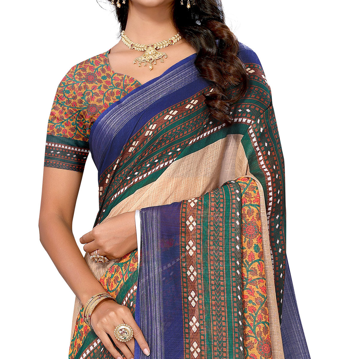 Beige Digital Floral Printed Linen Saree