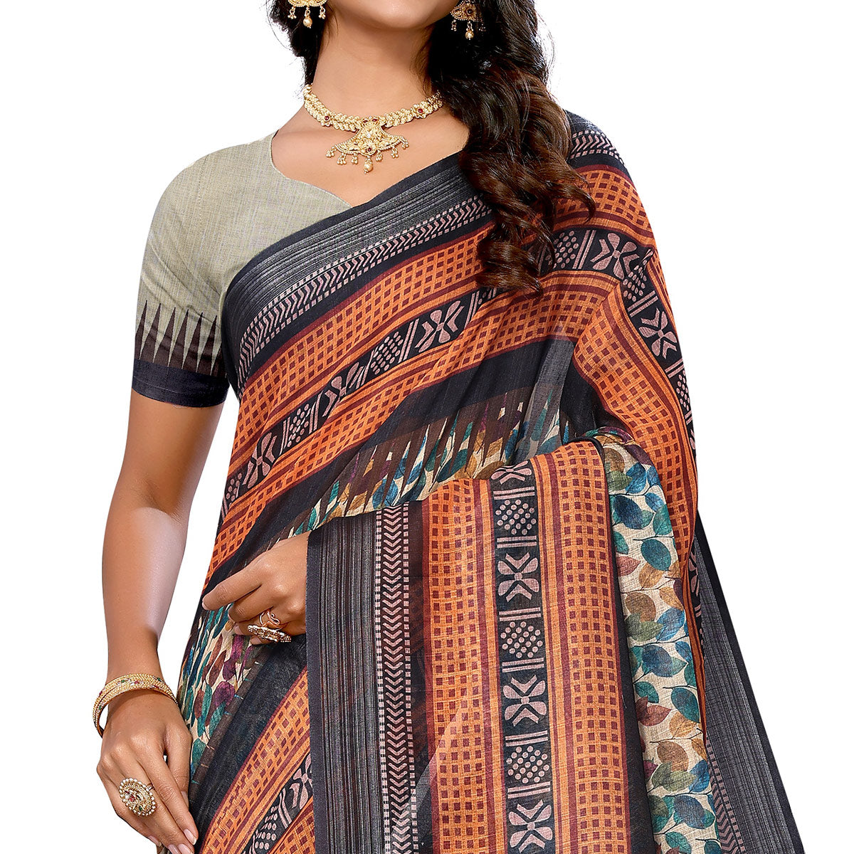 Beige & Black Digital Floral Printed Linen Saree