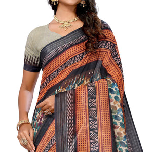 Beige & Black Digital Floral Printed Linen Saree