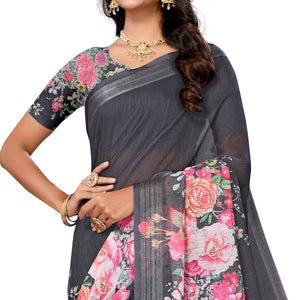 Grey & Pink Digital Floral Printed Linen Saree