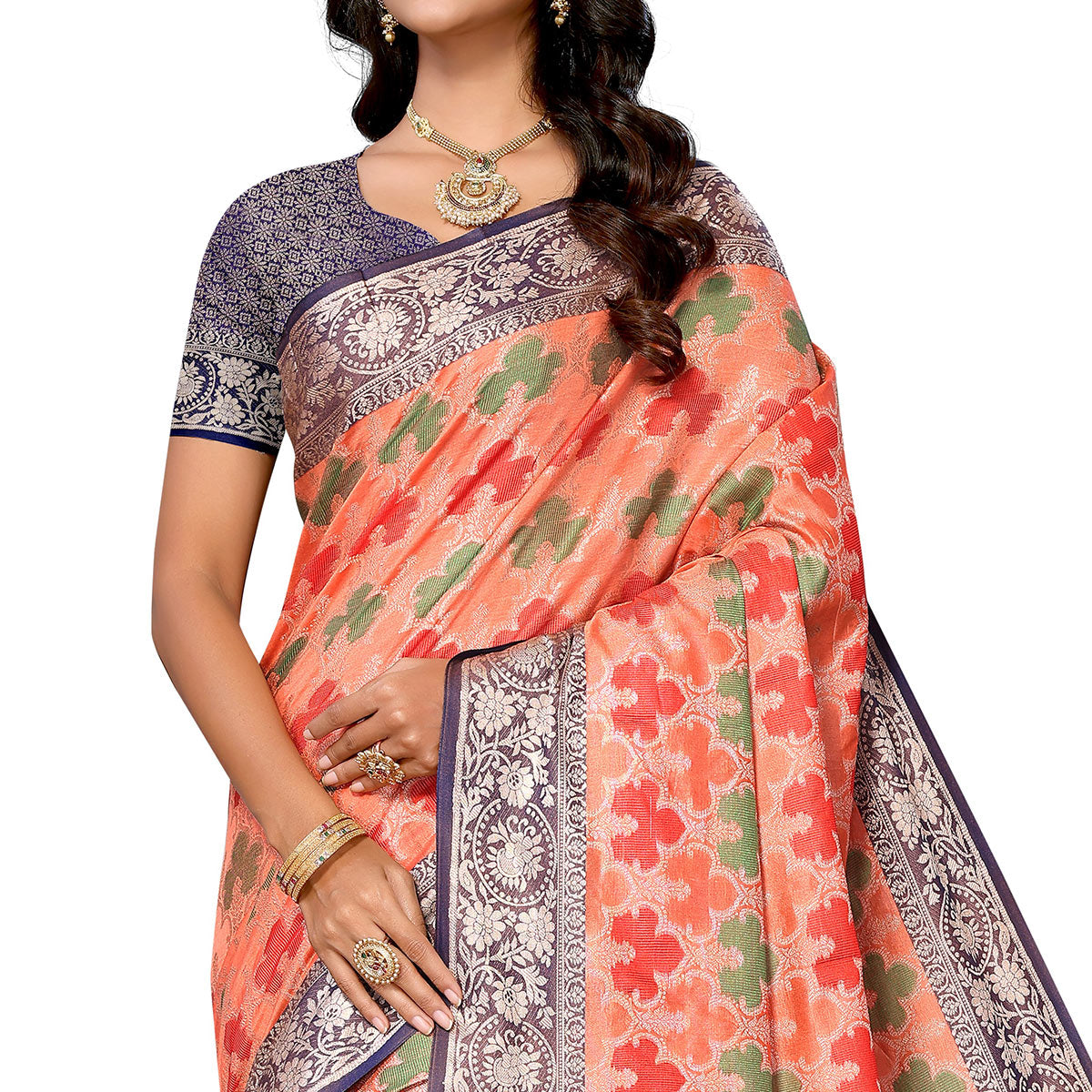 Orange Floral Woven Banarasi Silk Saree