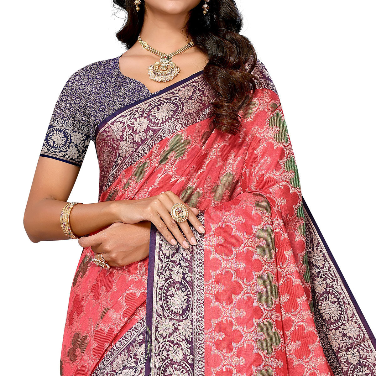 Peach Floral Woven Banarasi Silk Saree