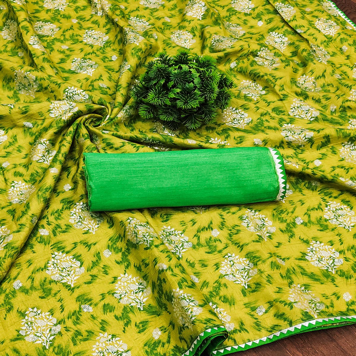 Parrot Green Floral Foil Printed Dola Silk Saree