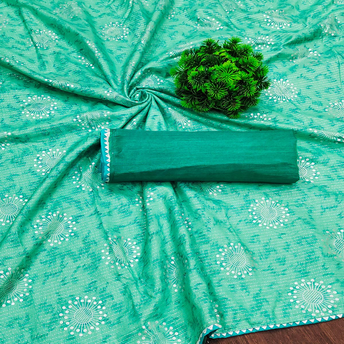 Turquoise Floral Foil Printed Dola Silk Saree