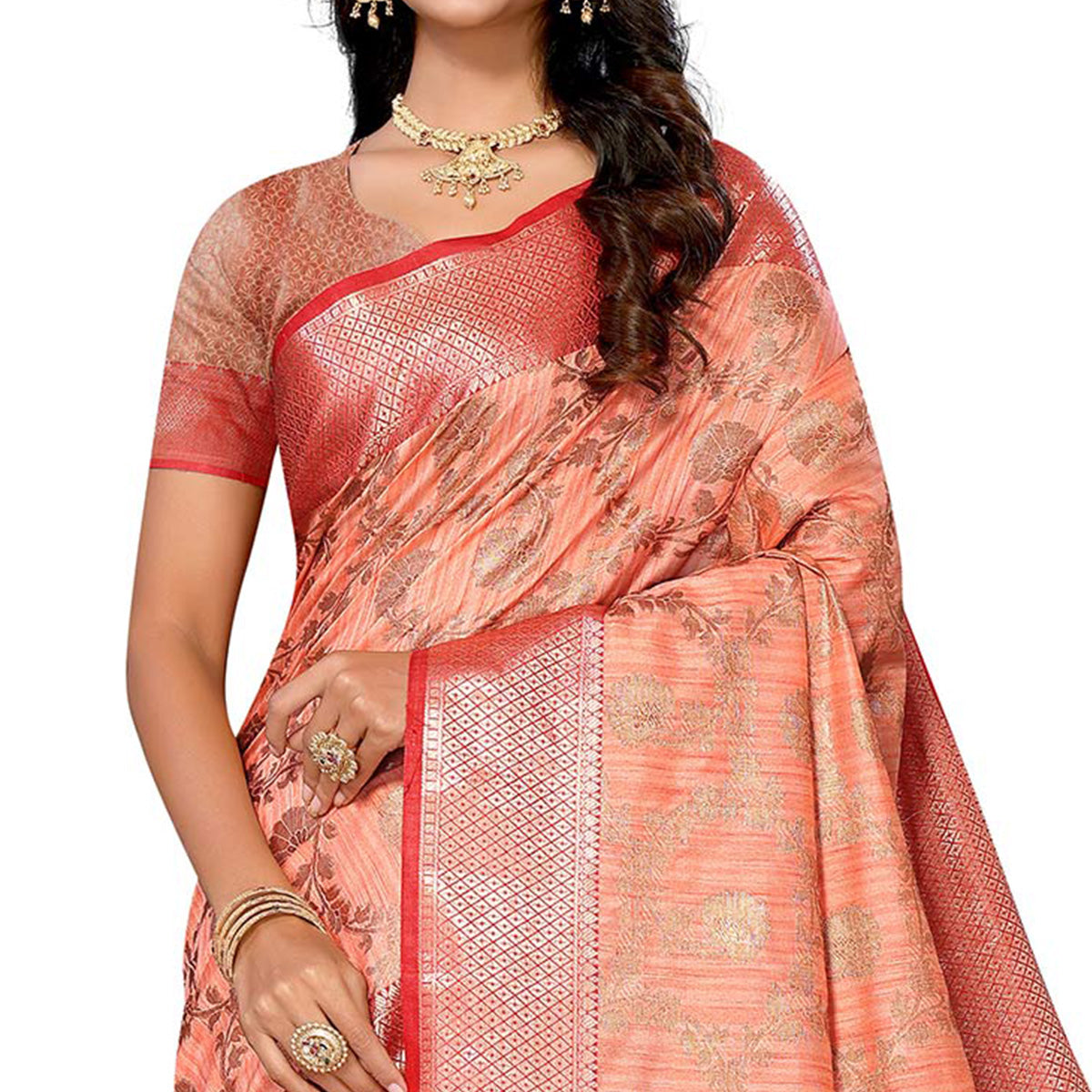 Peach Floral Woven Banarasi Silk Saree