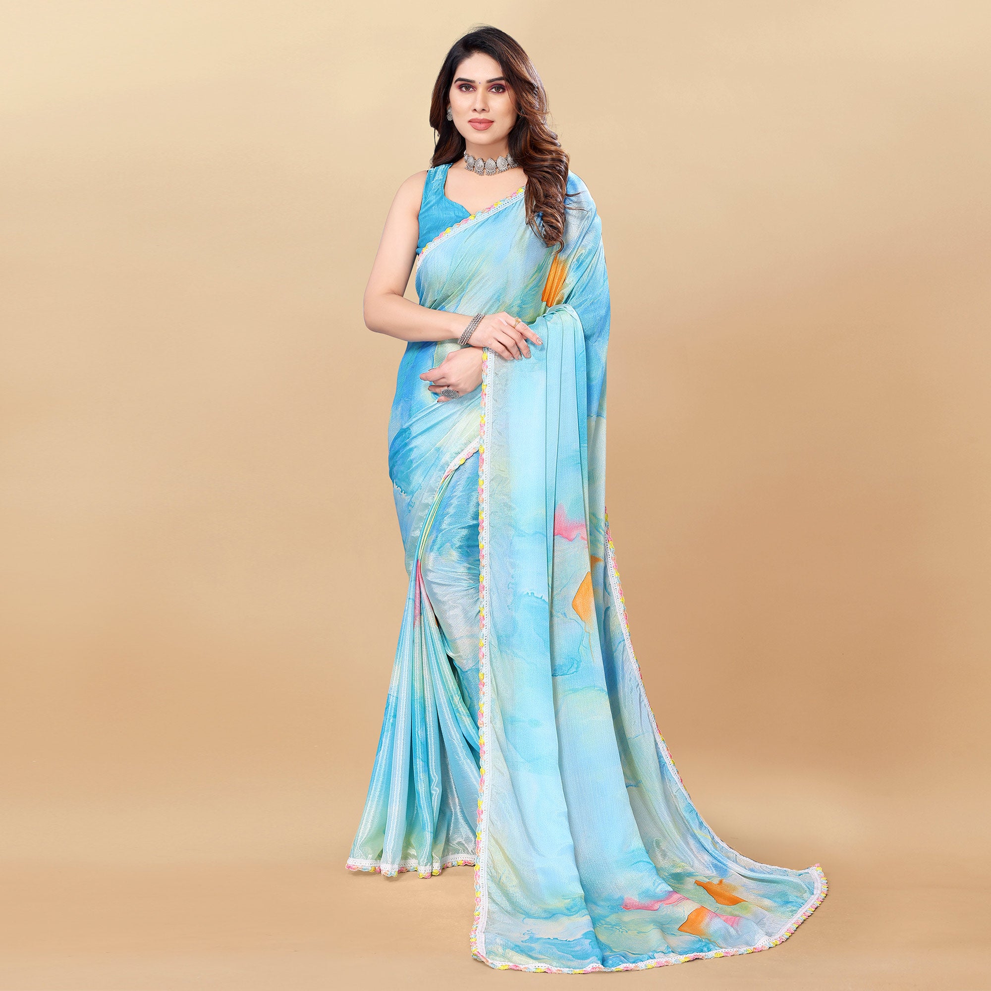 Blue Printed Chiinon Saree With Lace Border