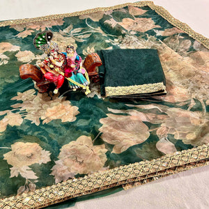 Green Floral Digital Printed Organza Saree With Lace Border