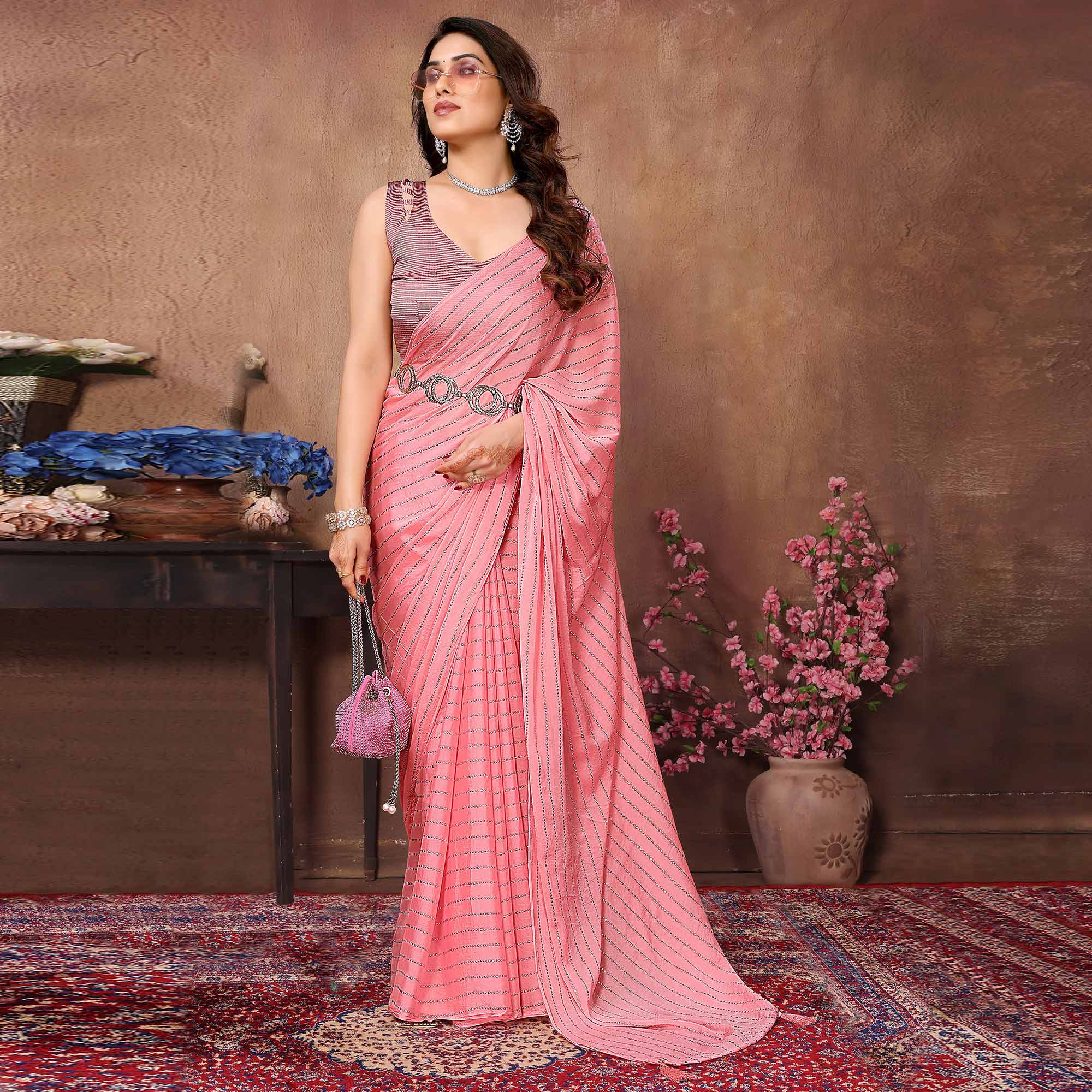 Peach Mukaish Work Silk Saree With Tassels