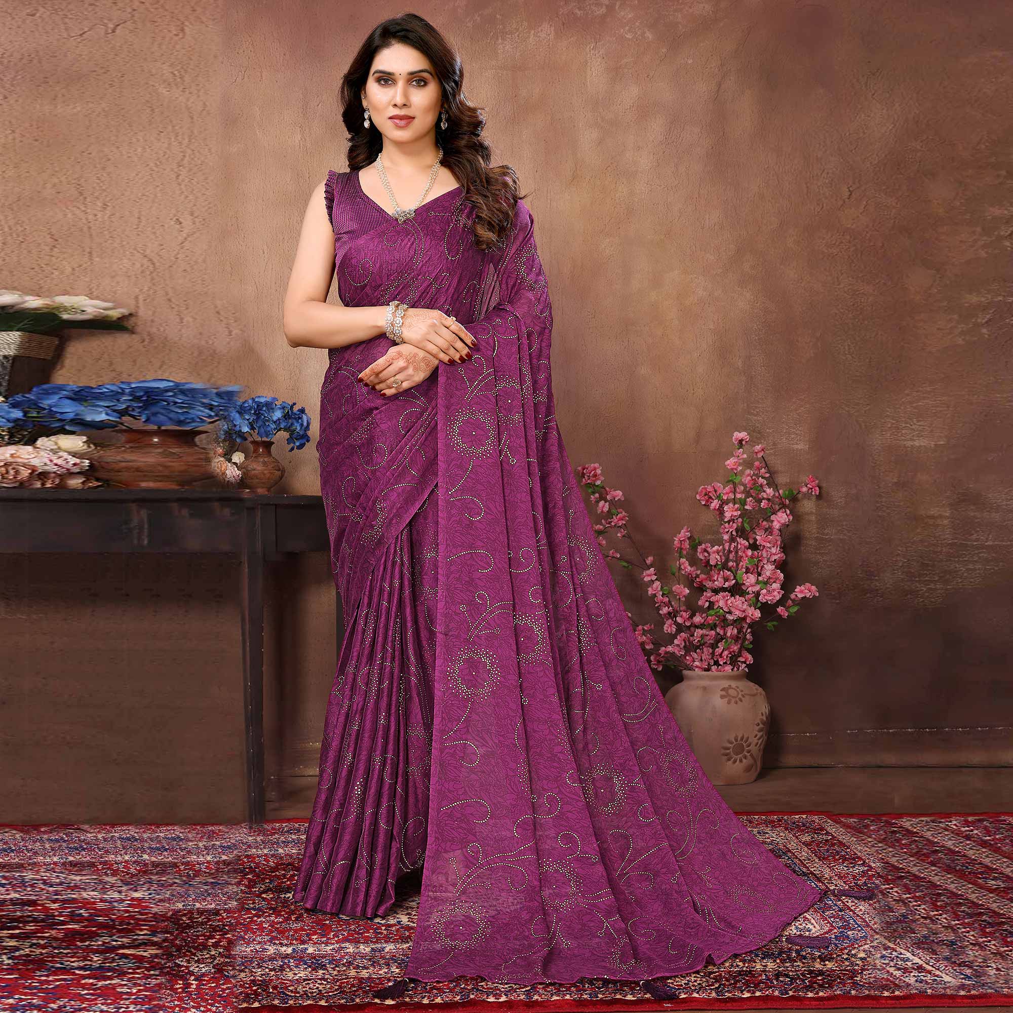 Purple Mukaish With Foil Printed Silk Saree With Tassels