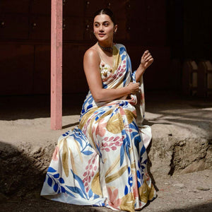 Off White Digital Printed Chinon Saree
