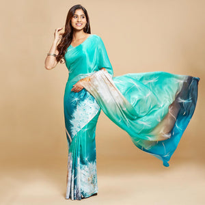 Turquoise Digital Printed Chinon Saree