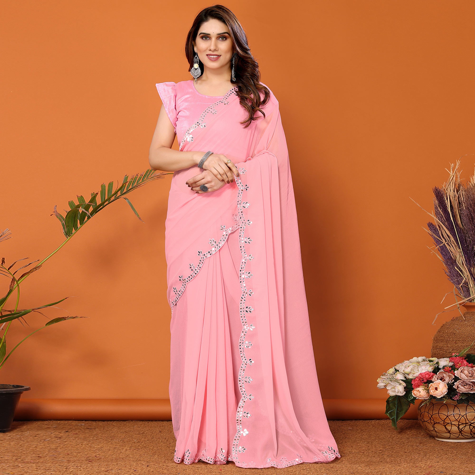 Light Pink Embellished Georgette Saree With Mirror Work