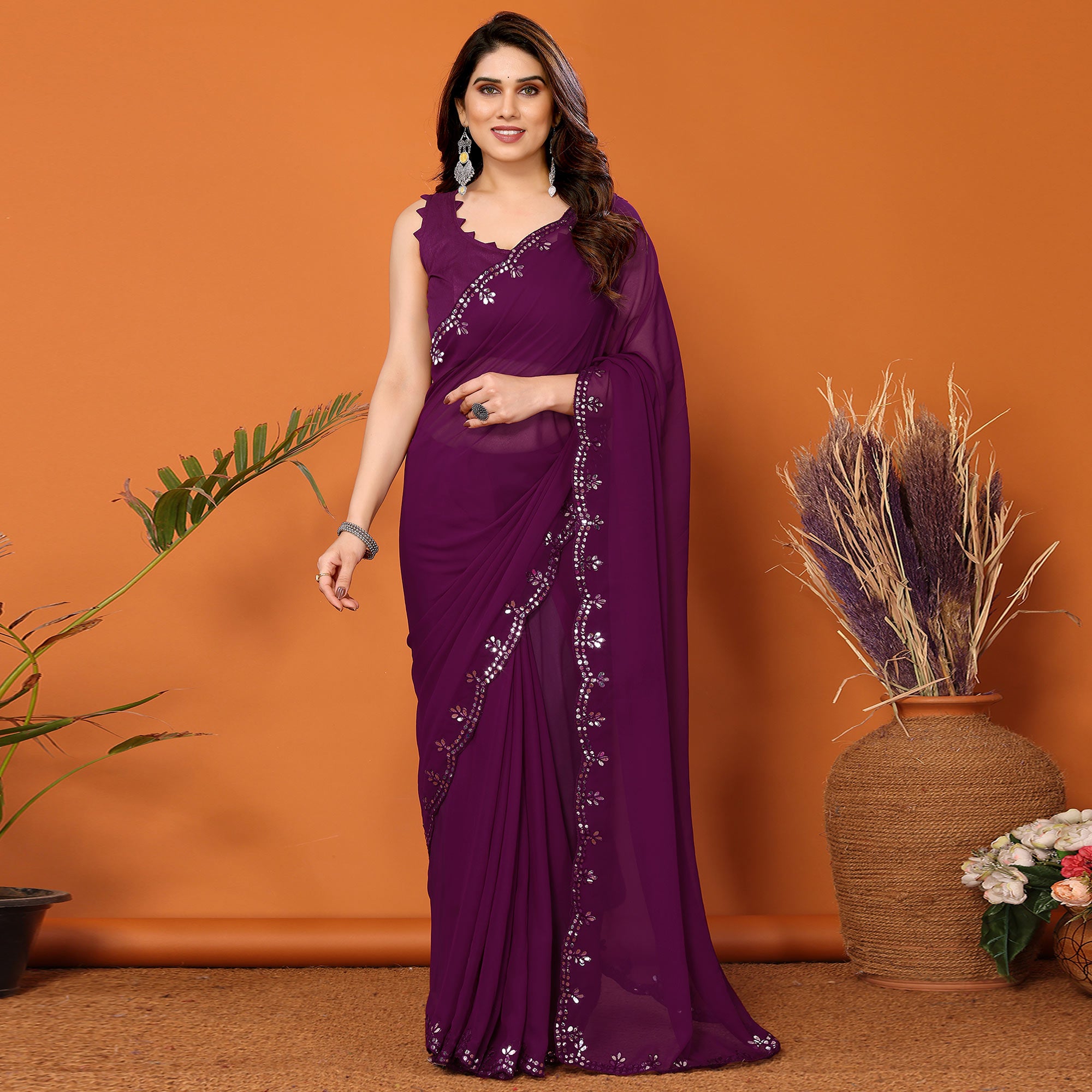 Purple Embellished Georgette Saree With Mirror Work