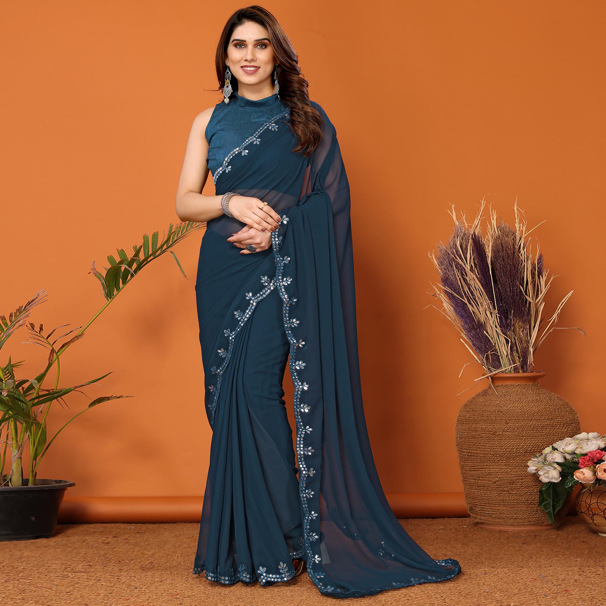 Teal Embellished Georgette Saree With Mirror Work