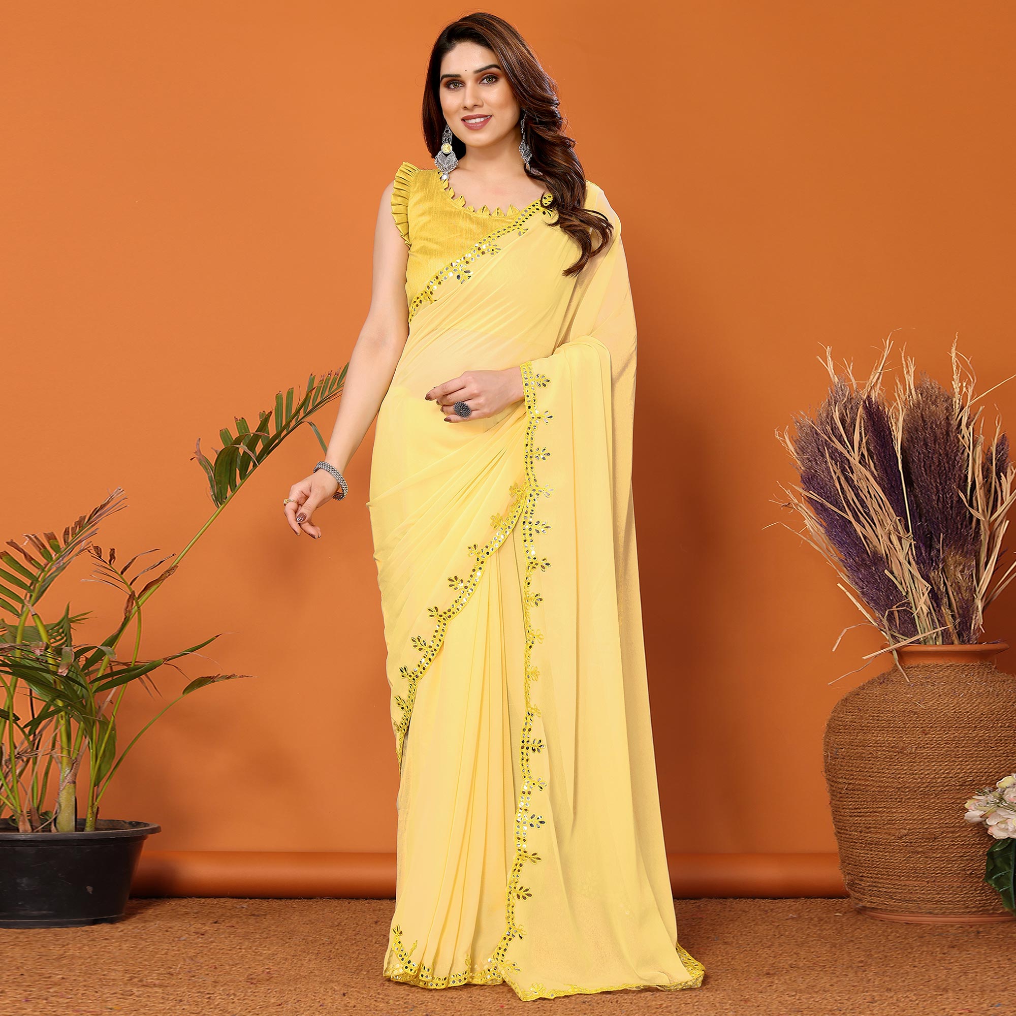 Yellow Embellished Georgette Saree With Mirror Work